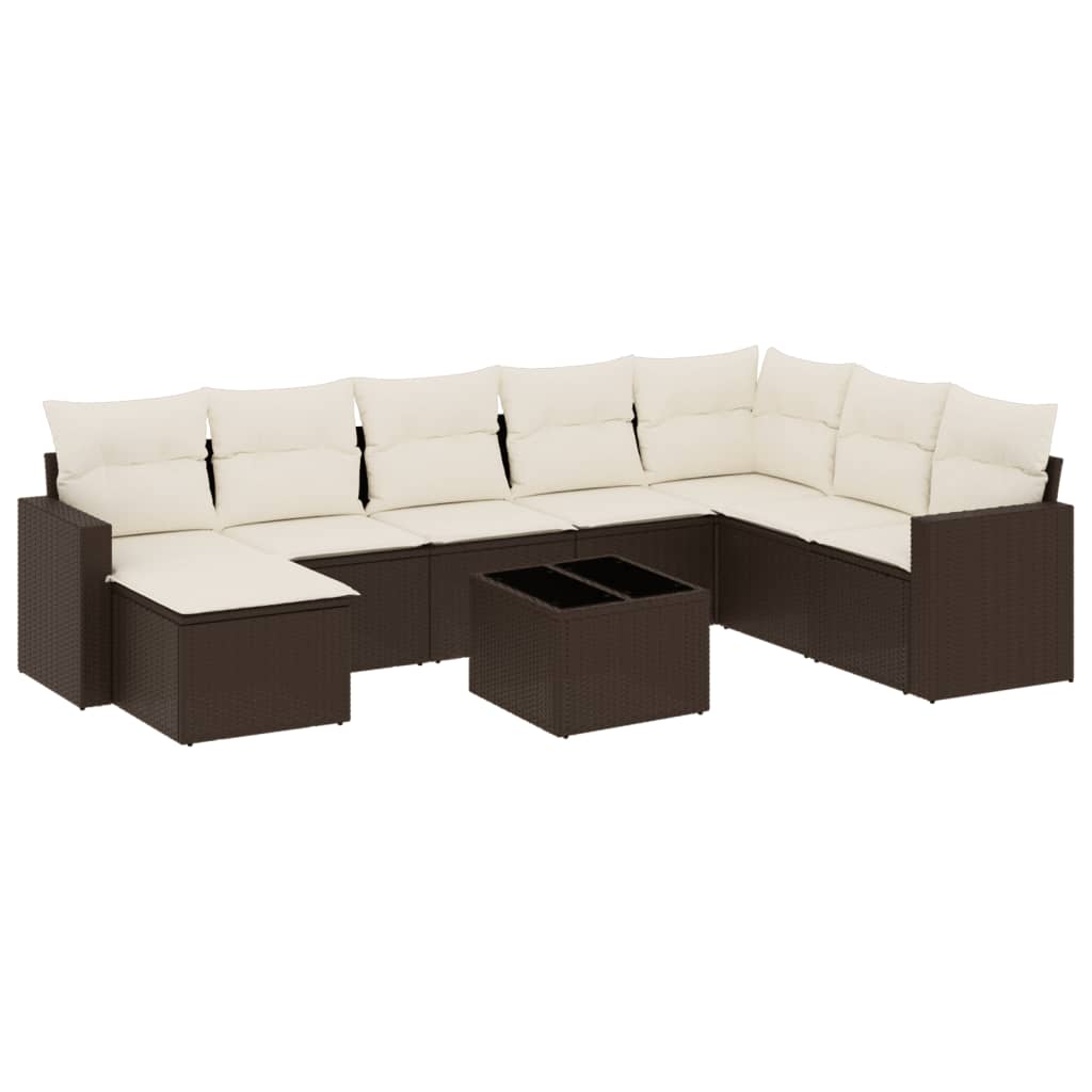 9-delige Loungeset met kussens poly rattan bruin