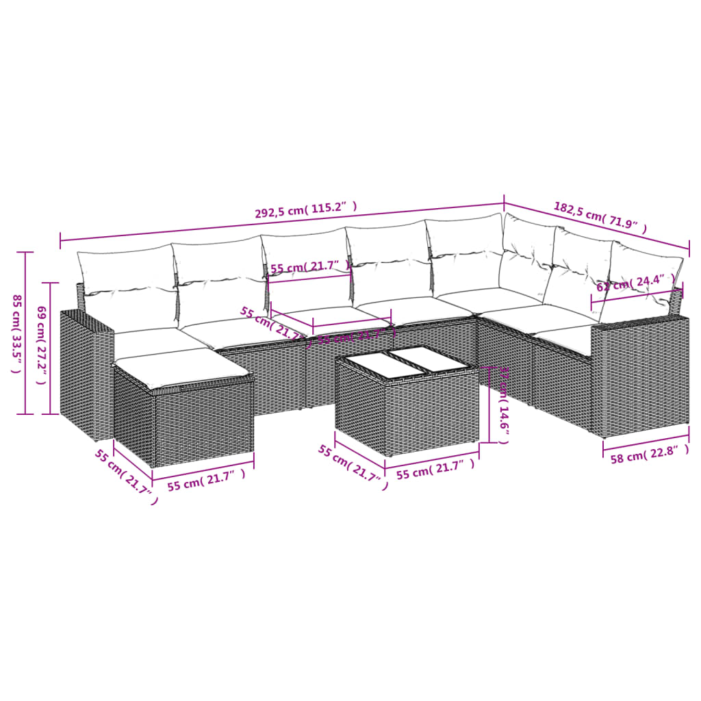 9-delige Loungeset met kussens poly rattan bruin