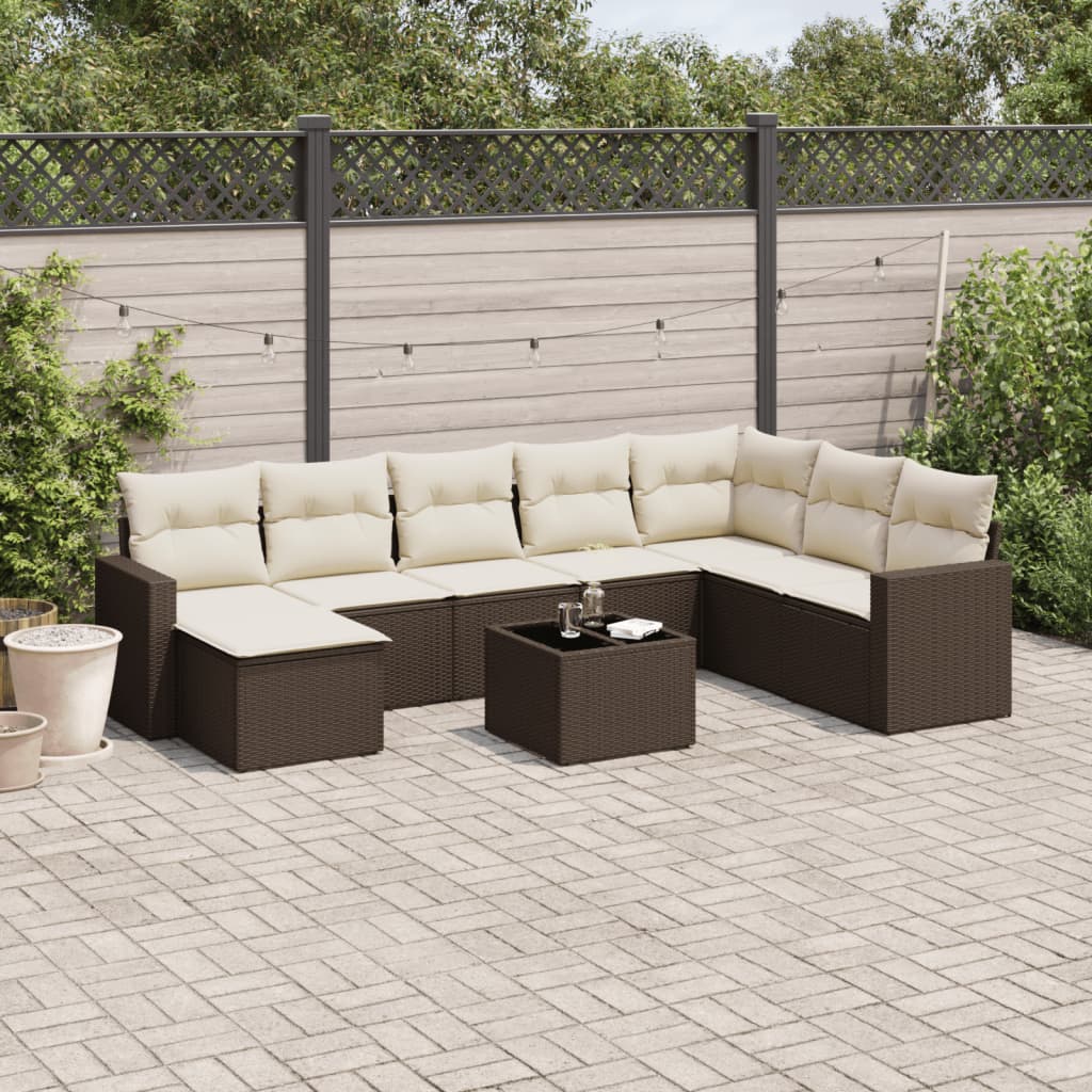 9-delige Loungeset met kussens poly rattan bruin