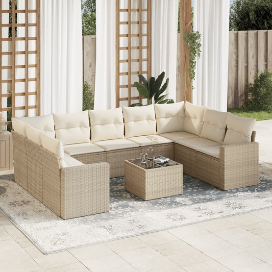 10-delige Loungeset met kussens poly rattan beige