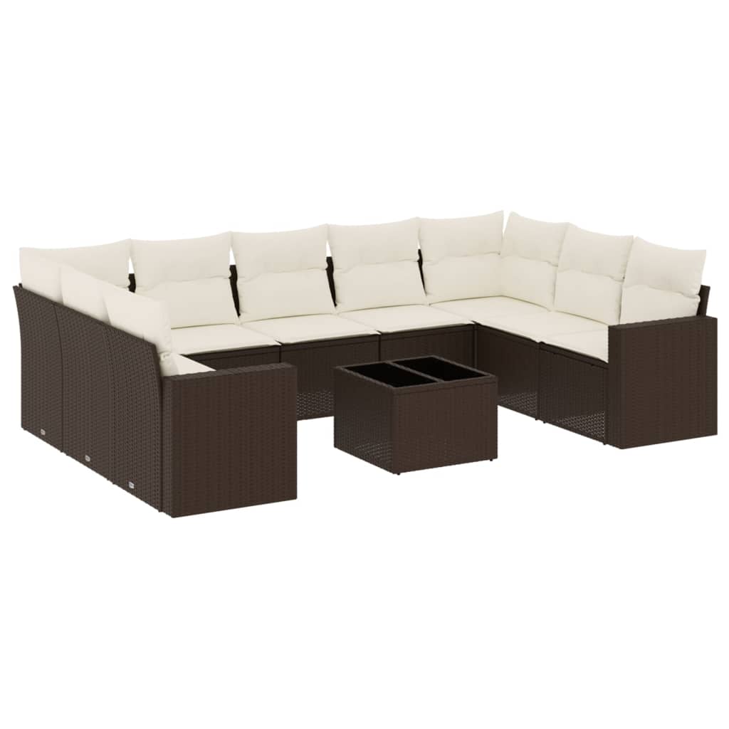 10-delige Loungeset met kussens poly rattan bruin