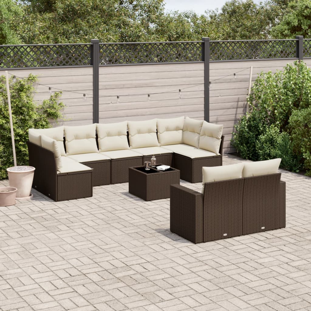 10-delige Loungeset met kussens poly rattan bruin