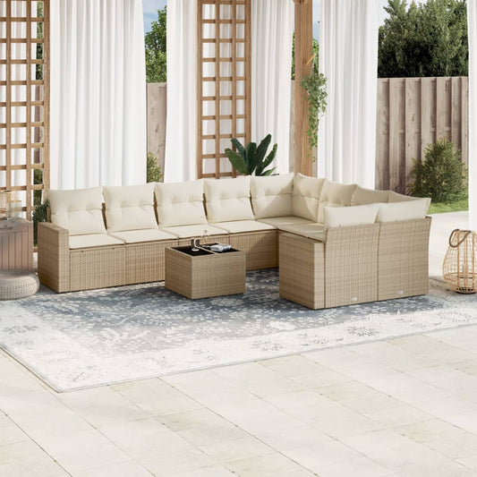 10-delige Loungeset met kussens poly rattan beige