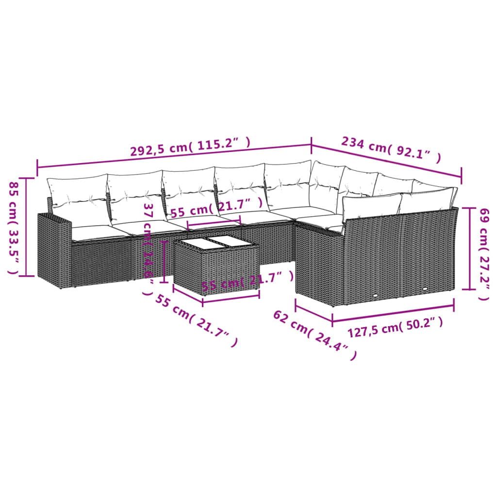 10-delige Loungeset met kussens poly rattan bruin