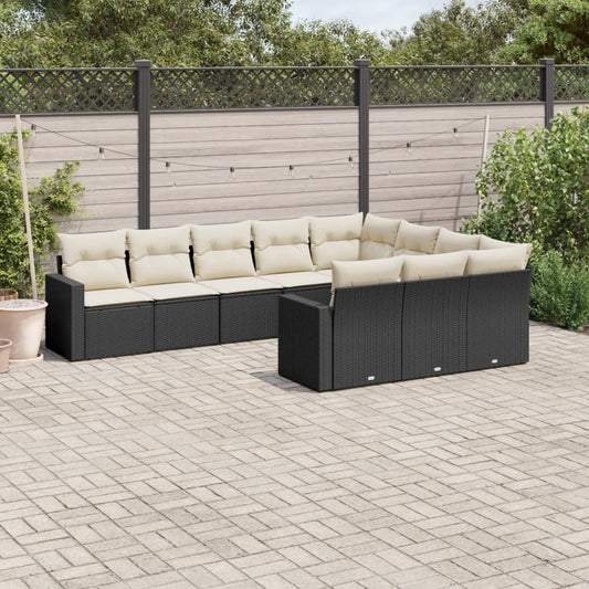 10-delige Loungeset met kussens poly rattan zwart