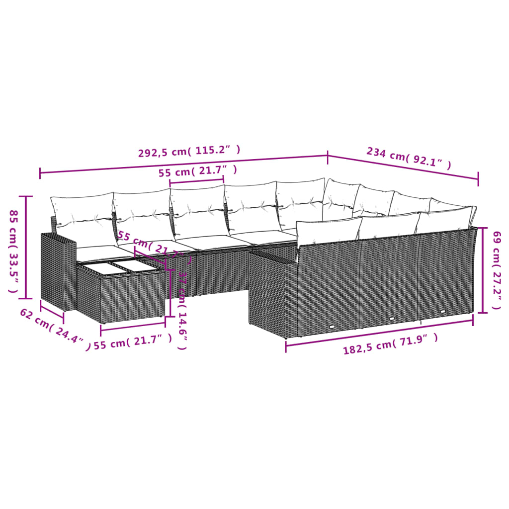 11-delige Loungeset met kussens poly rattan bruin