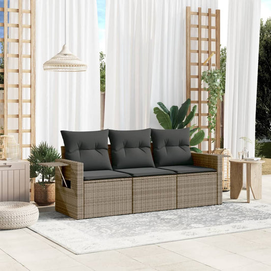 3-delige Loungeset met kussens poly rattan grijs