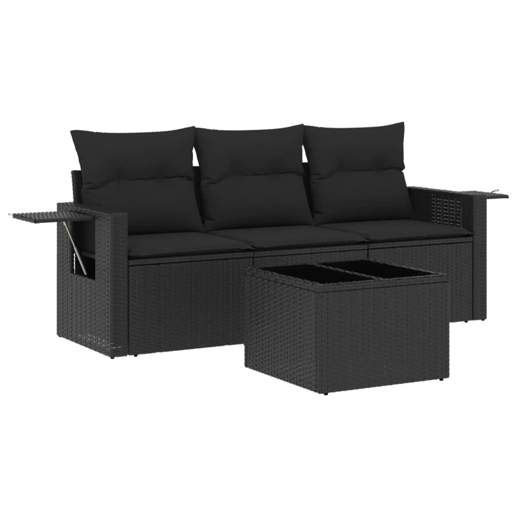 4-delige Loungeset met kussens poly rattan zwart