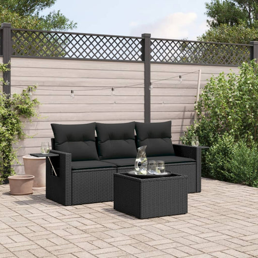 4-delige Loungeset met kussens poly rattan zwart