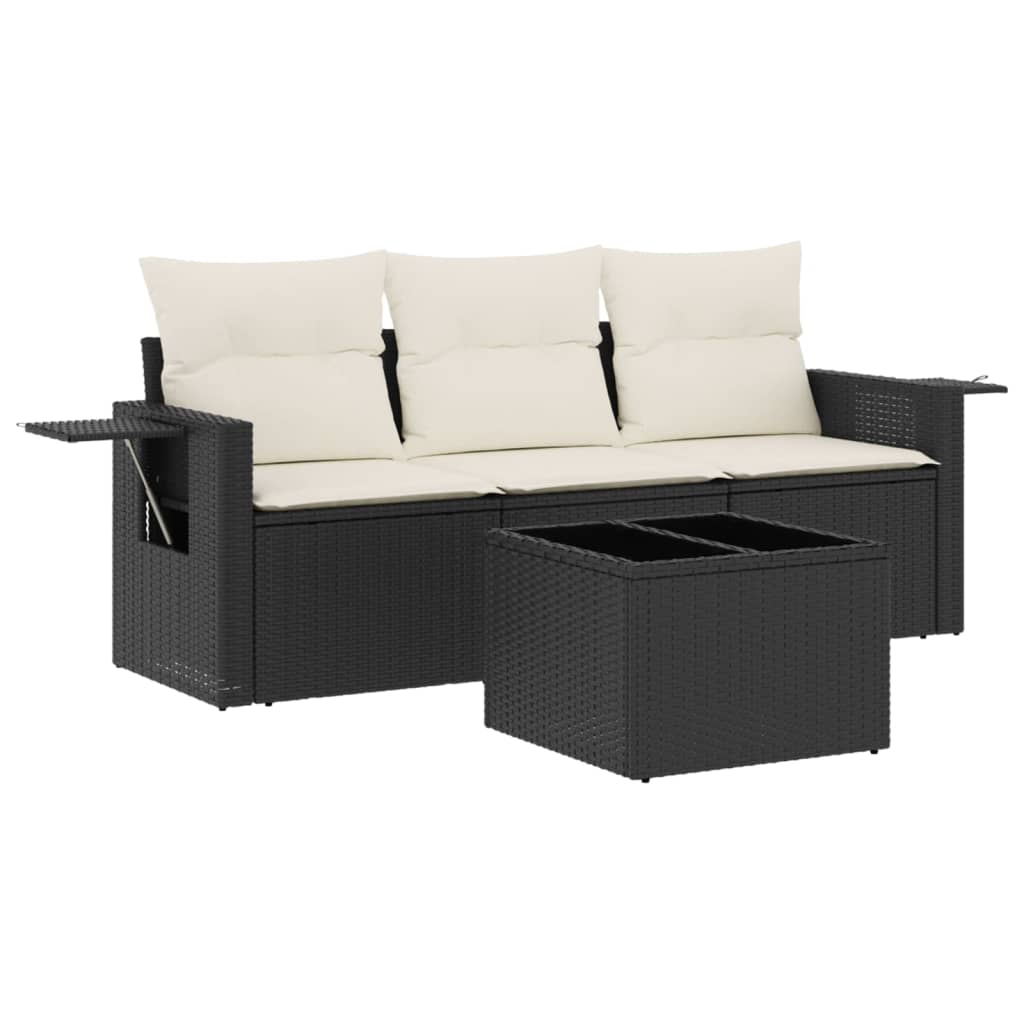 4-delige Loungeset met kussens poly rattan zwart