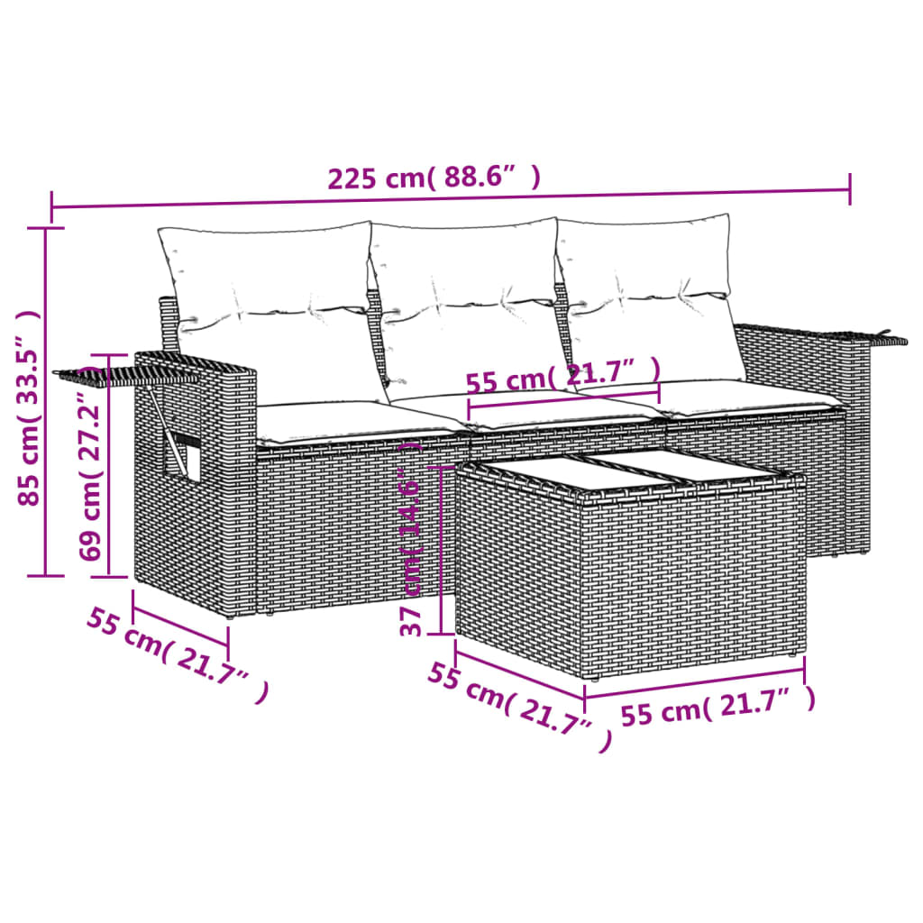 4-delige Loungeset met kussens poly rattan zwart