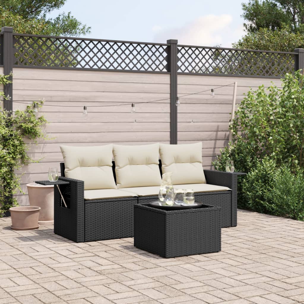 4-delige Loungeset met kussens poly rattan zwart