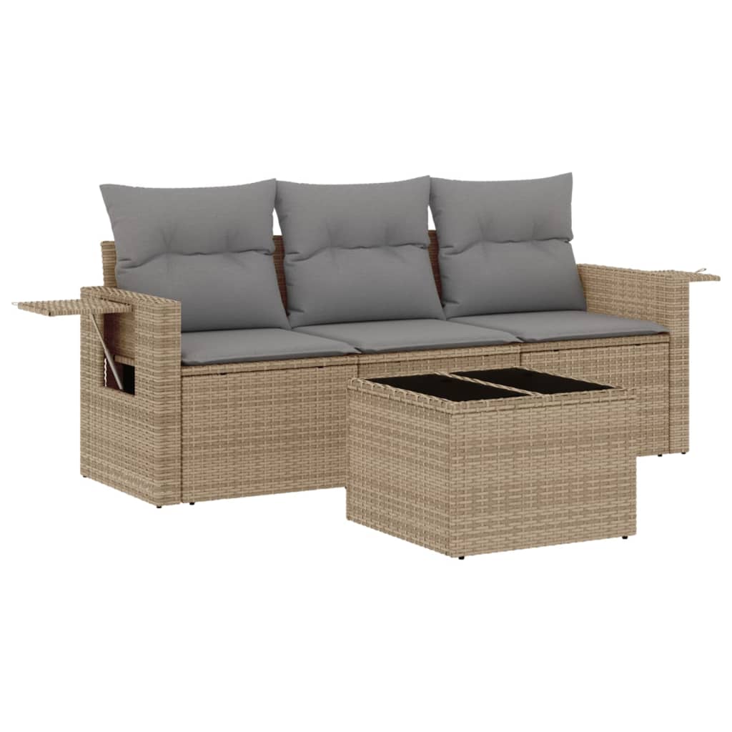 4-delige Loungeset met kussens poly rattan beige