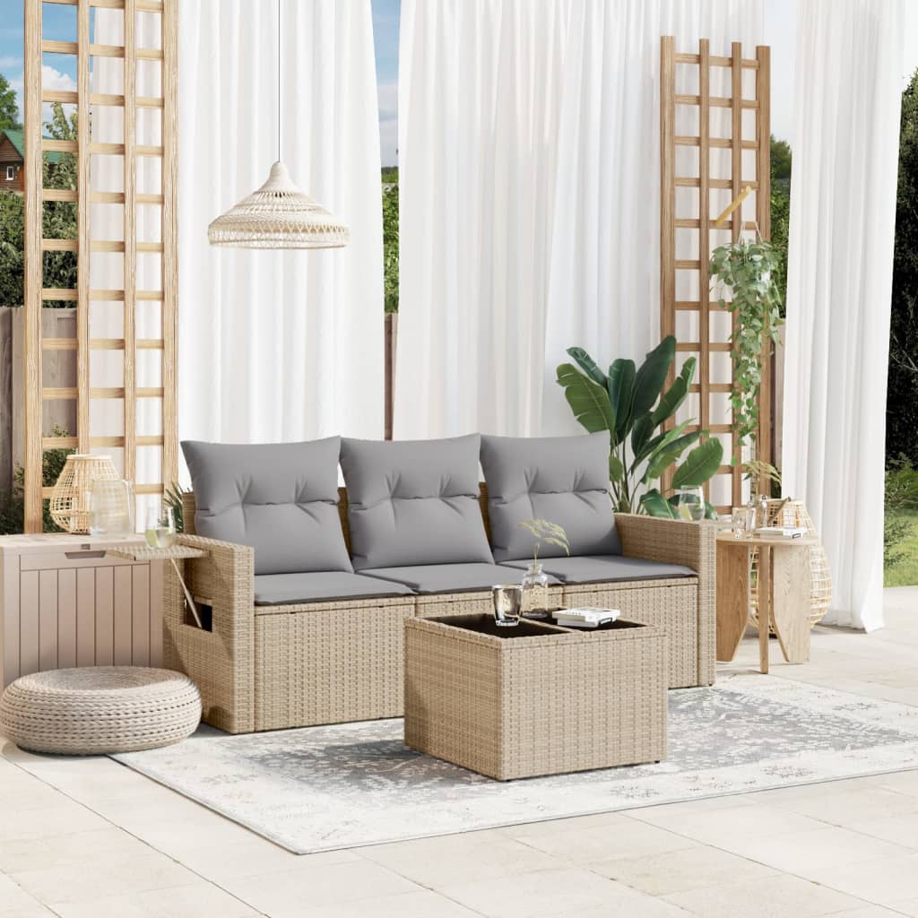 4-delige Loungeset met kussens poly rattan beige