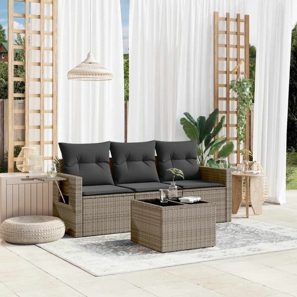 4-delige Loungeset met kussens poly rattan grijs