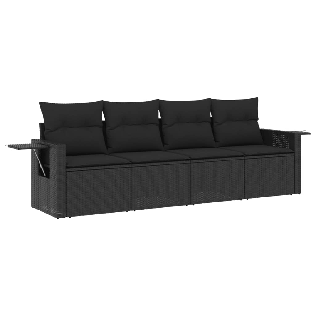 4-delige Loungeset met kussens poly rattan zwart