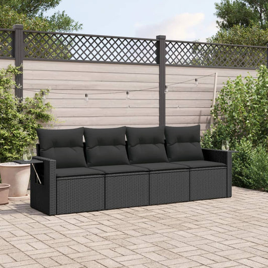 4-delige Loungeset met kussens poly rattan zwart