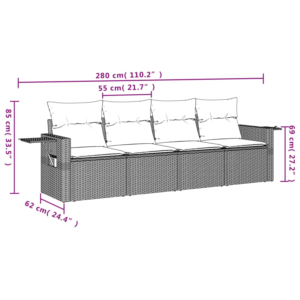 4-delige Loungeset met kussens poly rattan zwart