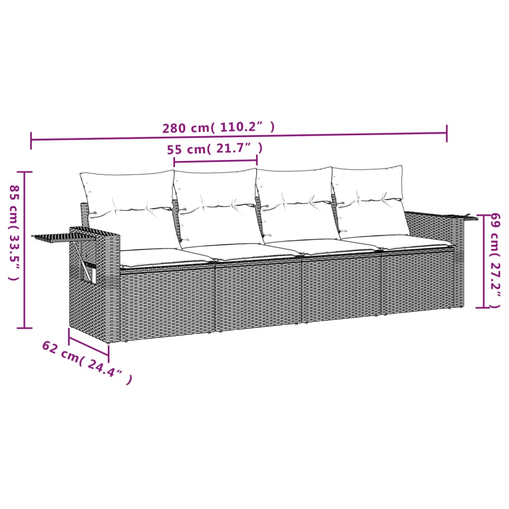 4-delige Loungeset met kussens poly rattan grijs