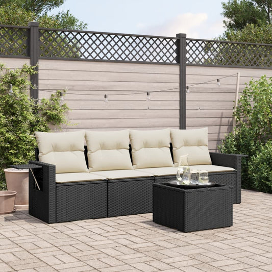 5-delige Loungeset met kussens poly rattan zwart