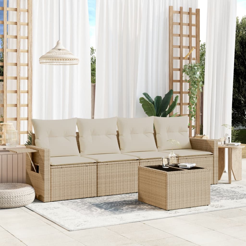 5-delige Loungeset met kussens poly rattan beige