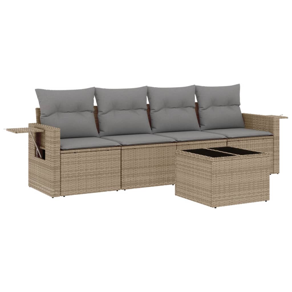 5-delige Loungeset met kussens poly rattan beige