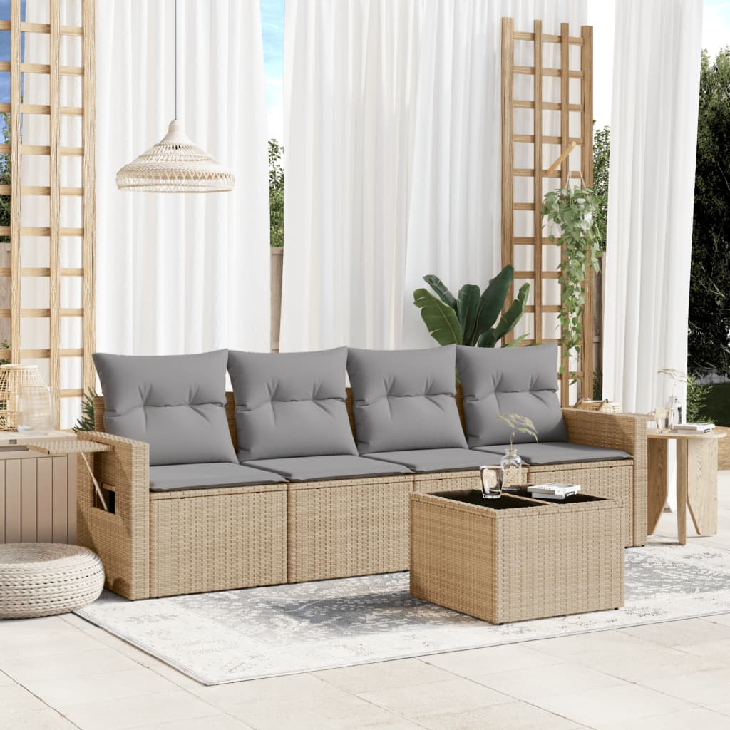 5-delige Loungeset met kussens poly rattan beige