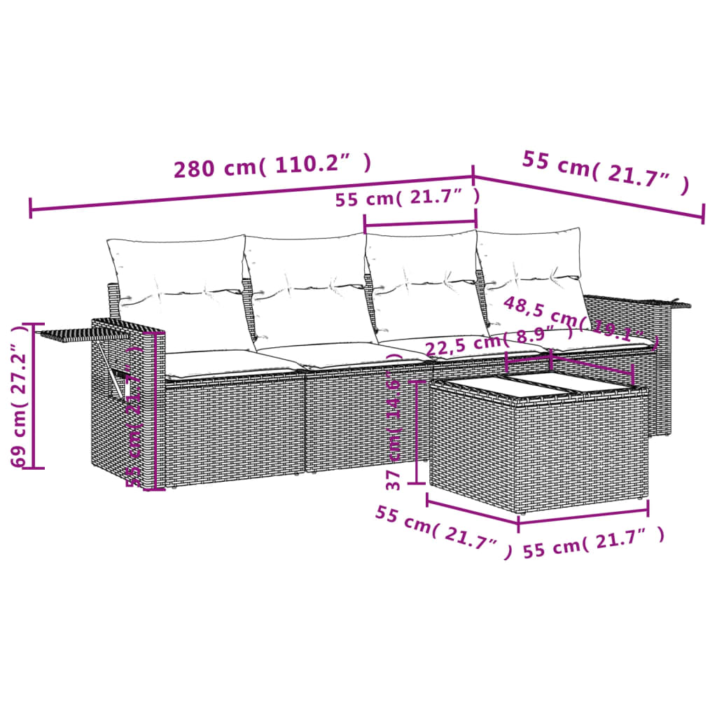 5-delige Loungeset met kussens poly rattan bruin