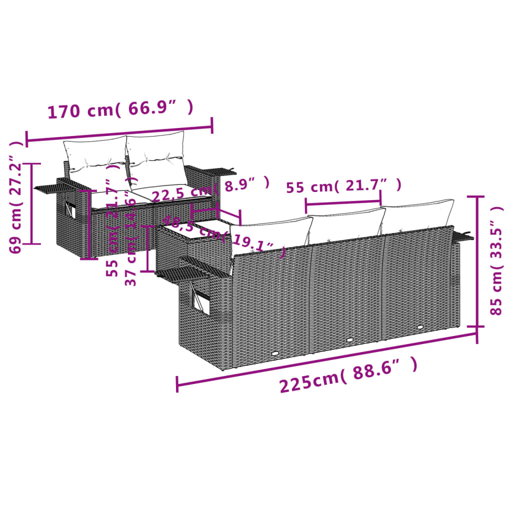 6-delige Loungeset met kussens poly rattan bruin