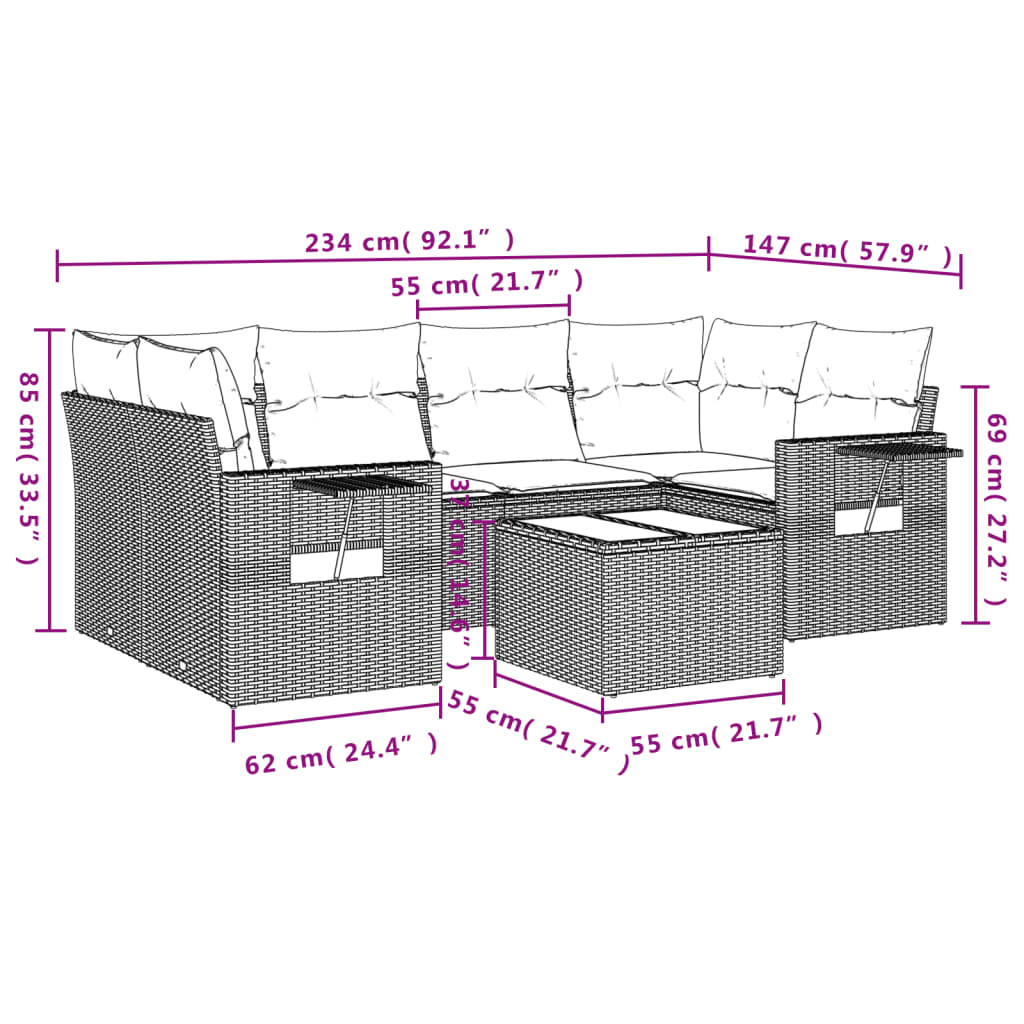 7-delige Loungeset met kussens poly rattan bruin