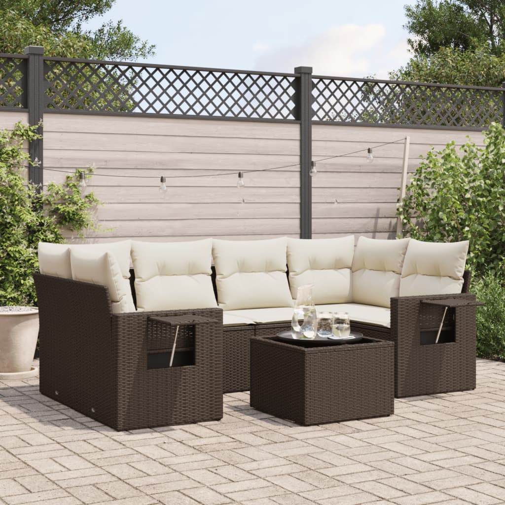 7-delige Loungeset met kussens poly rattan bruin