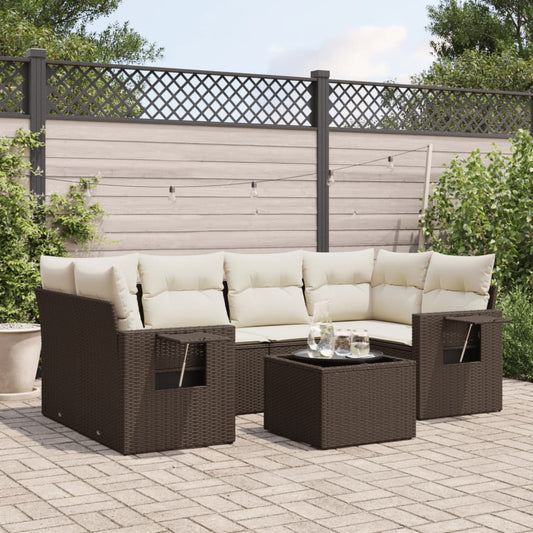 7-delige Loungeset met kussens poly rattan bruin