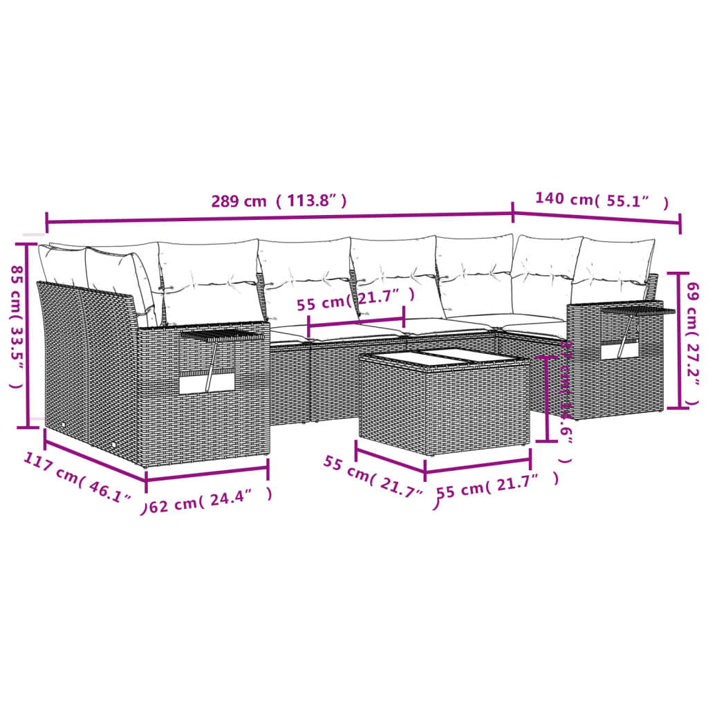 8-delige Loungeset met kussens poly rattan bruin