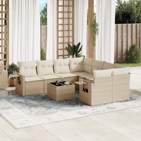 9-delige Loungeset met kussens poly rattan beige