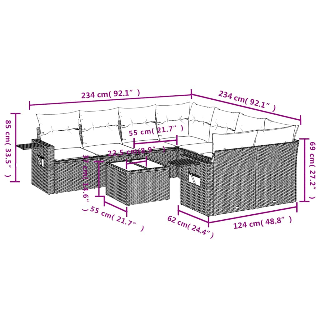 9-delige Loungeset met kussens poly rattan bruin