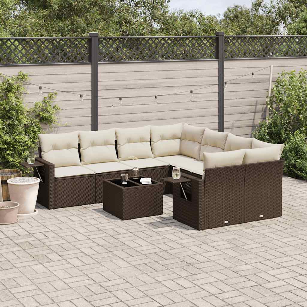 9-delige Loungeset met kussens poly rattan bruin