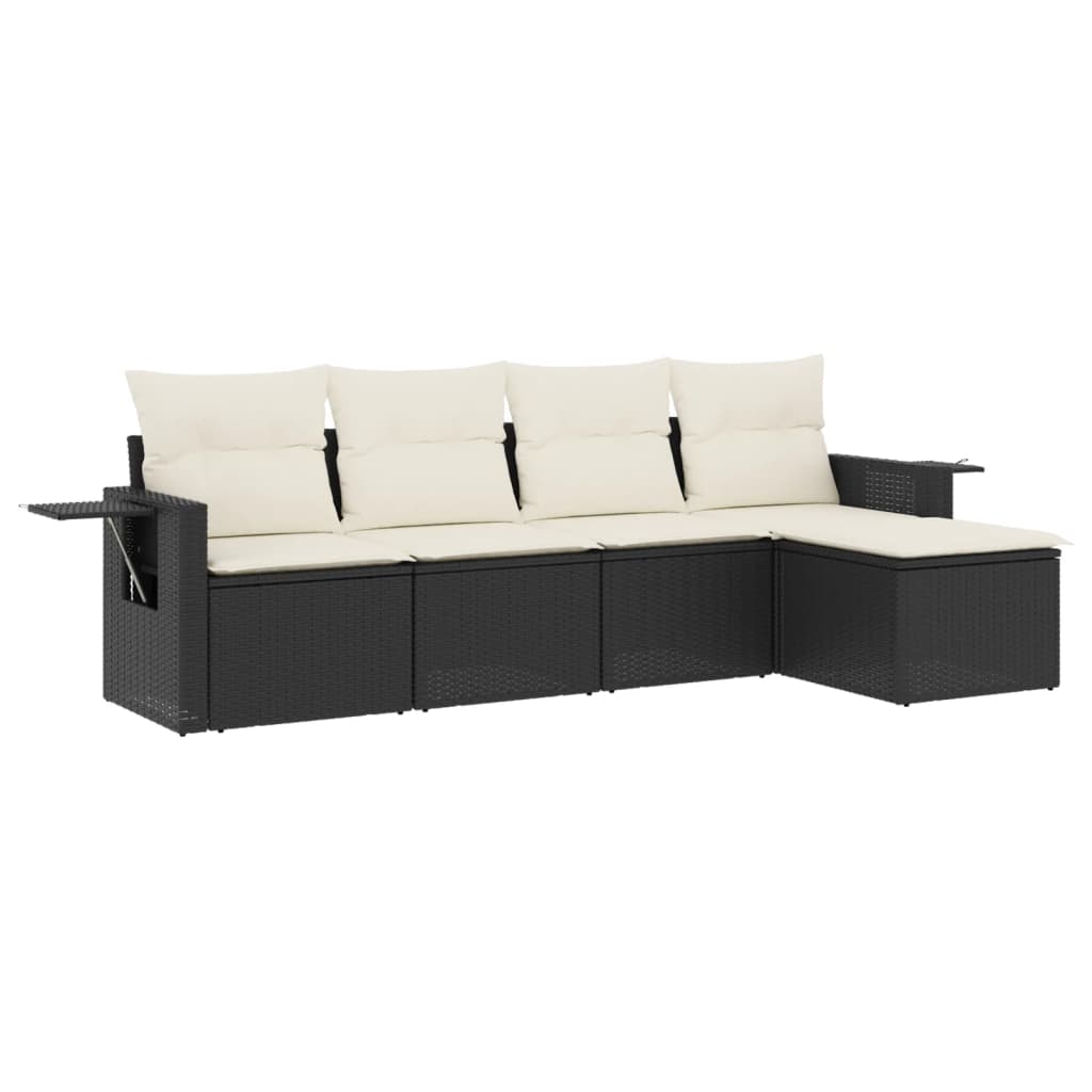 5-delige Loungeset met kussens poly rattan zwart