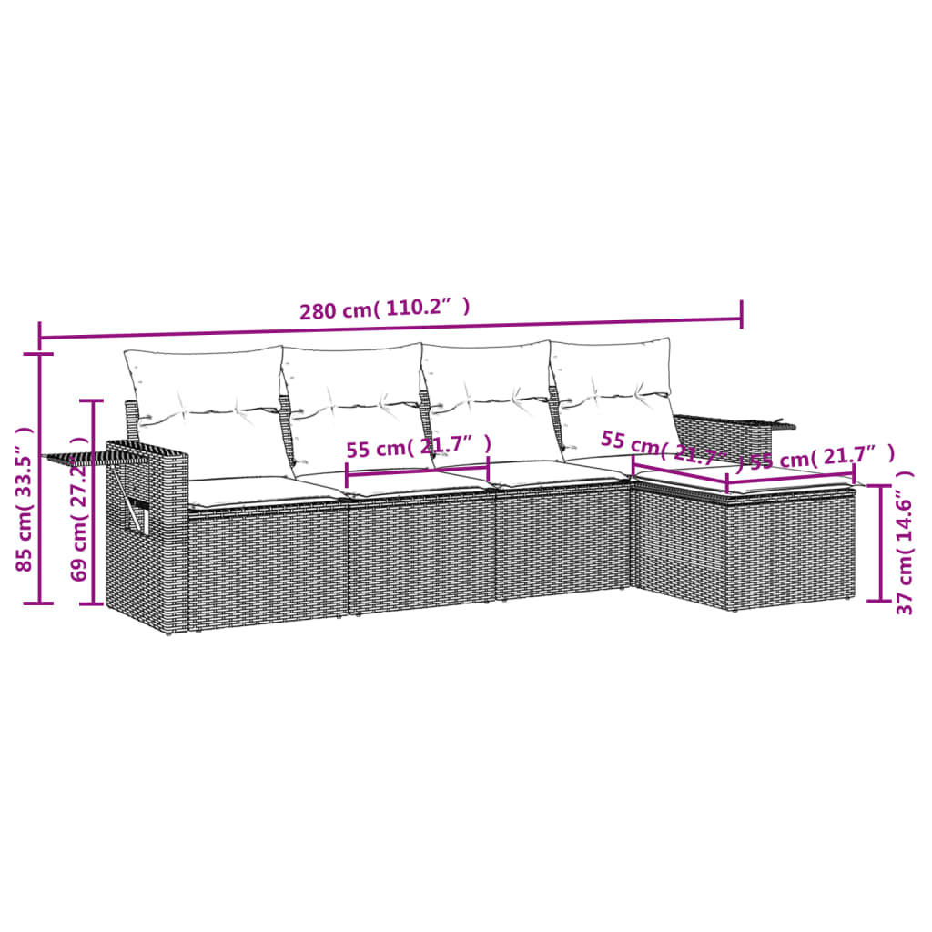 5-delige Loungeset met kussens poly rattan zwart