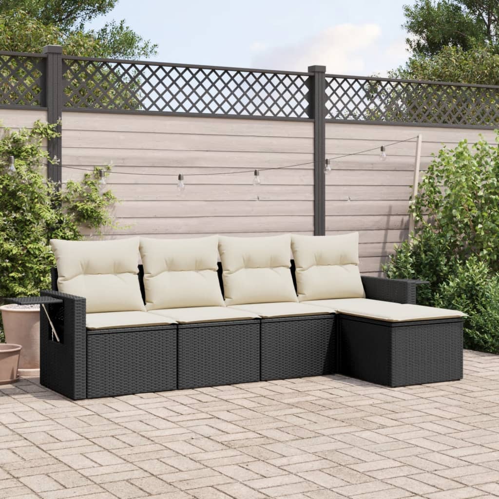 5-delige Loungeset met kussens poly rattan zwart