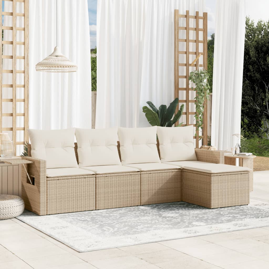 5-delige Loungeset met kussens poly rattan beige