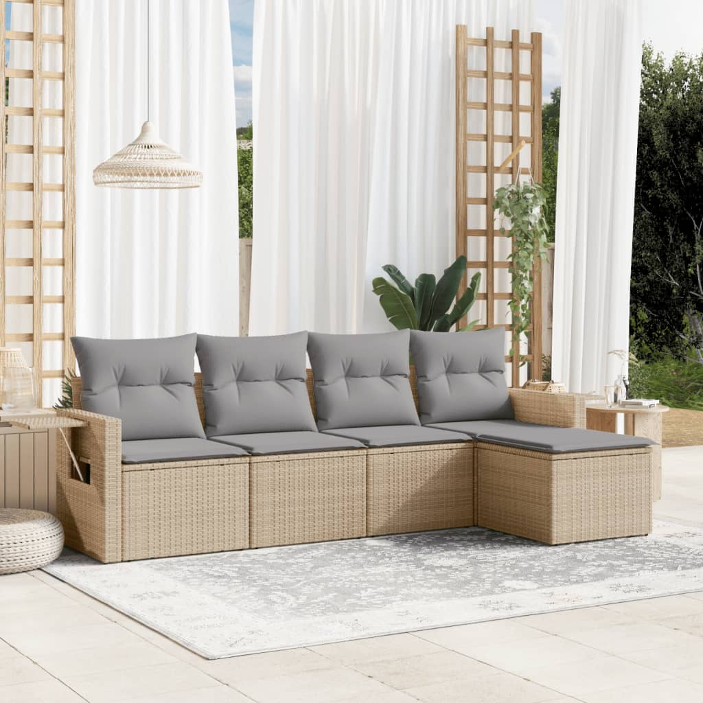 5-delige Loungeset met kussens poly rattan beige