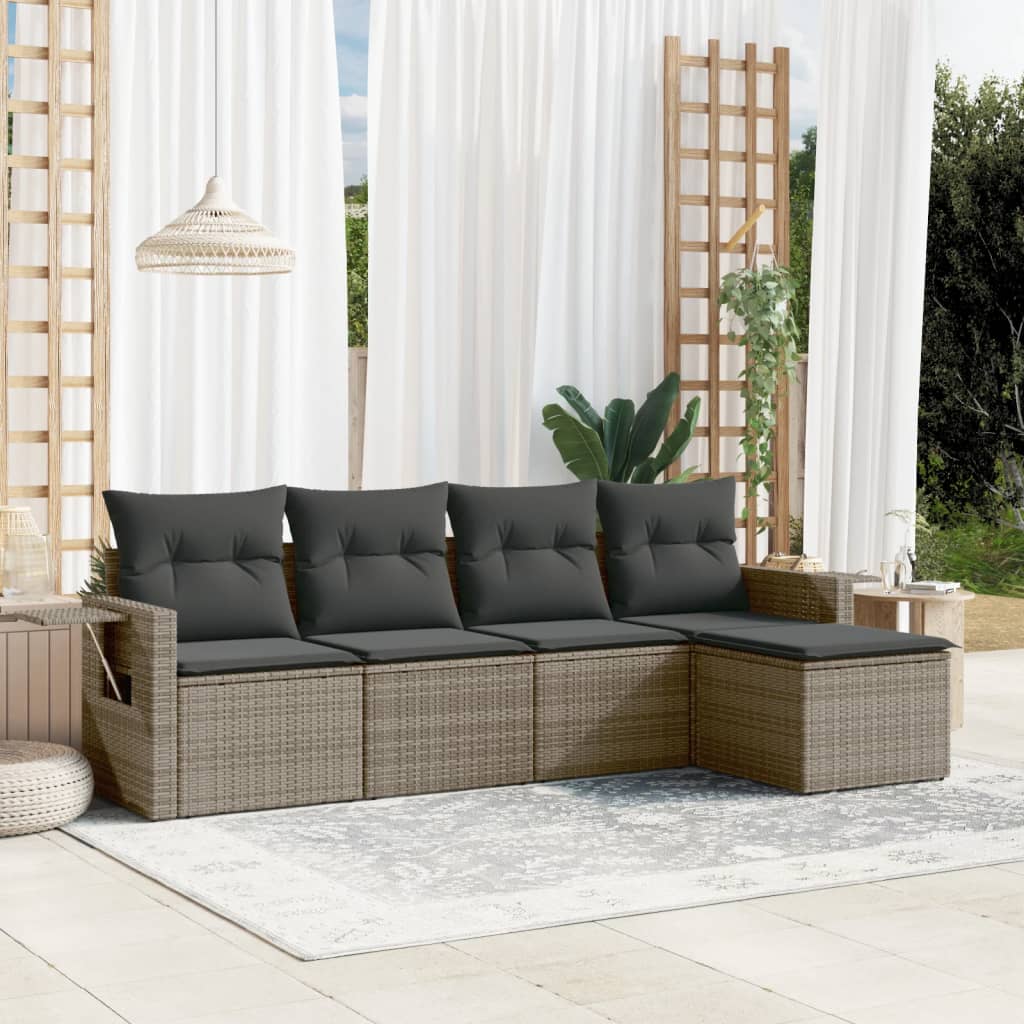 5-delige Loungeset met kussens poly rattan grijs