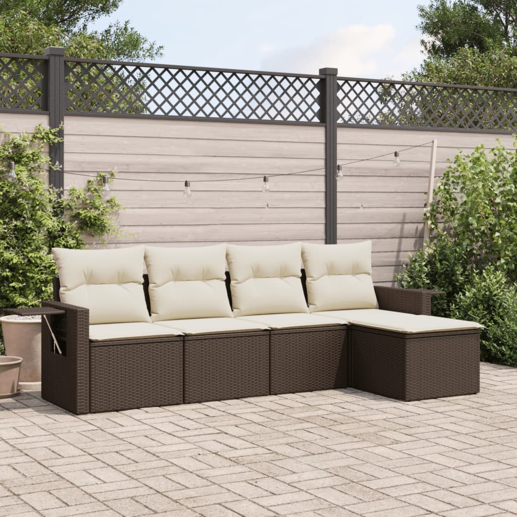 5-delige Loungeset met kussens poly rattan bruin