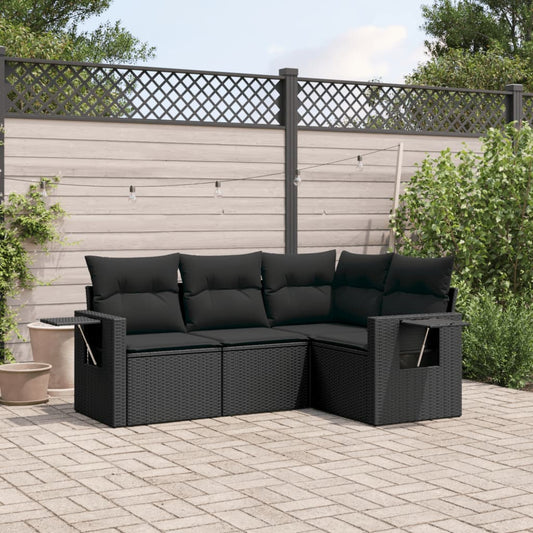 4-delige Loungeset met kussens poly rattan zwart