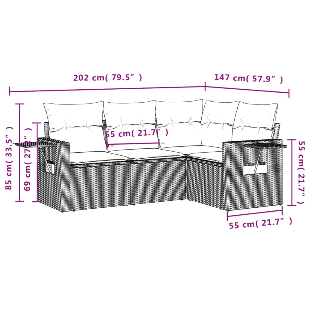 4-delige Loungeset met kussens poly rattan beige