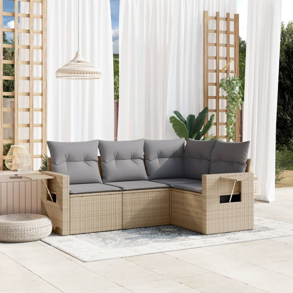 4-delige Loungeset met kussens poly rattan beige