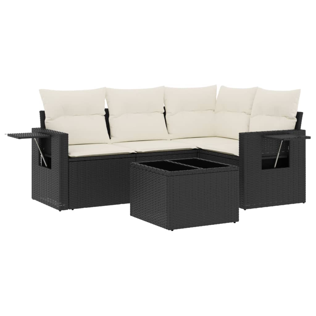 5-delige Loungeset met kussens poly rattan zwart