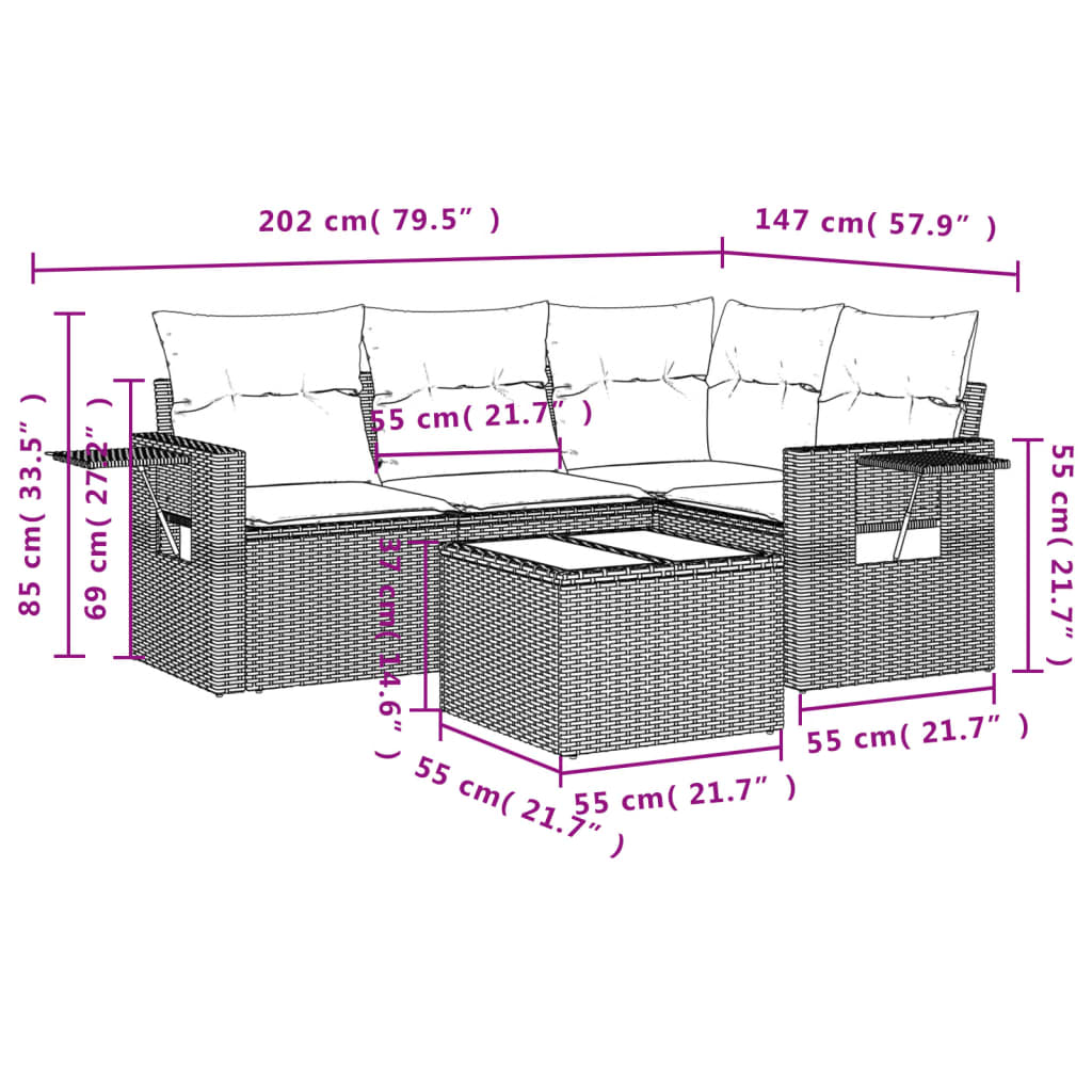 5-delige Loungeset met kussens poly rattan zwart