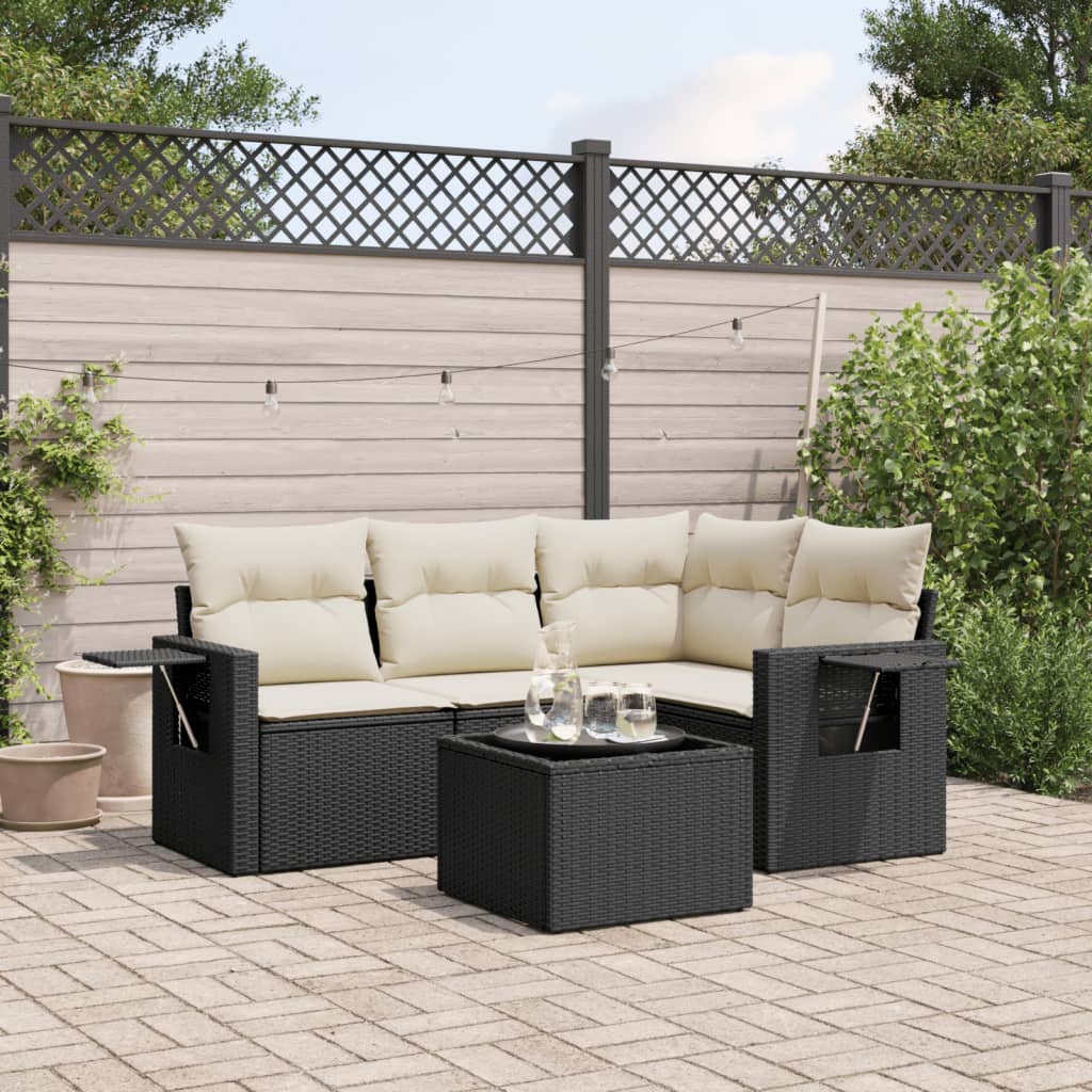 5-delige Loungeset met kussens poly rattan zwart