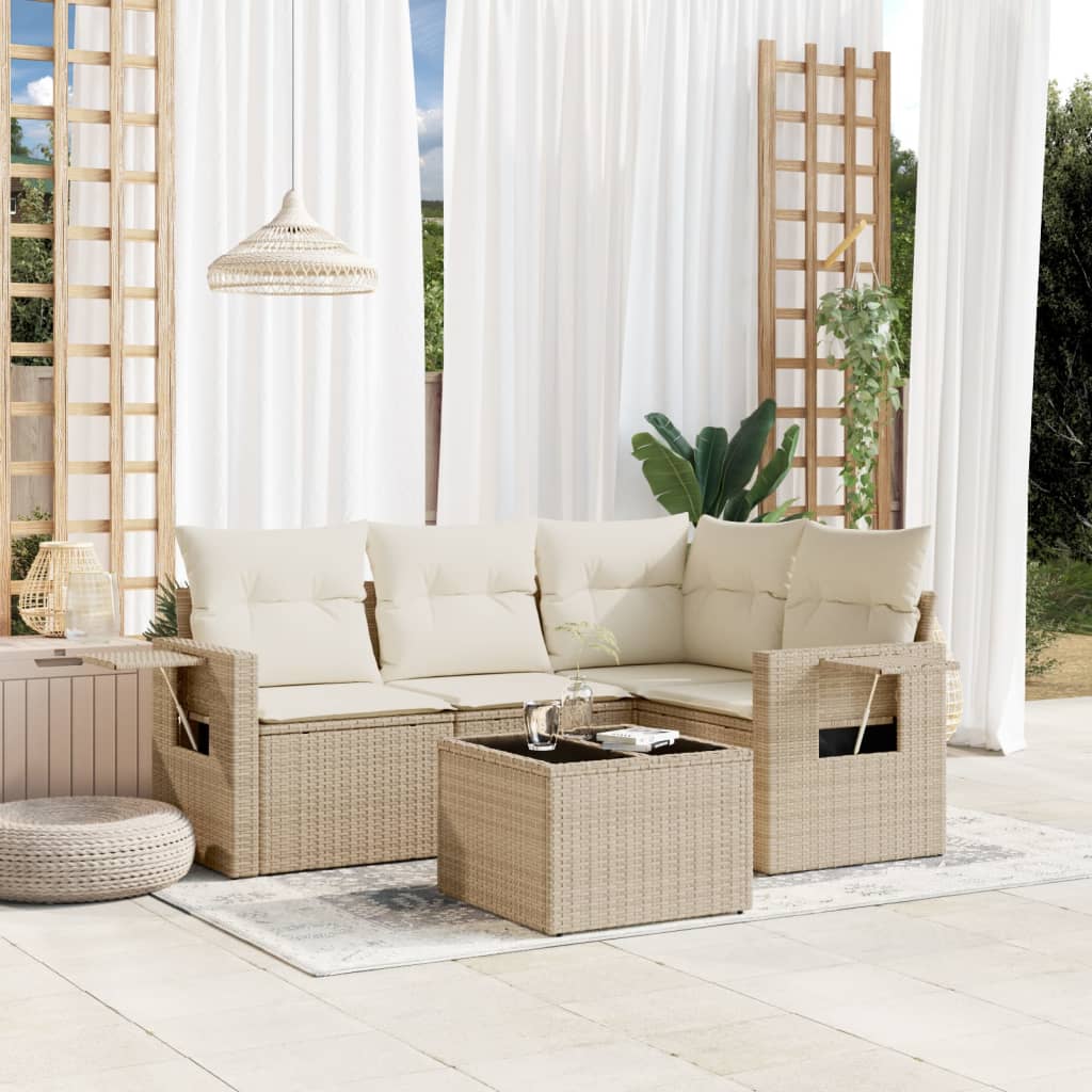 5-delige Loungeset met kussens poly rattan beige